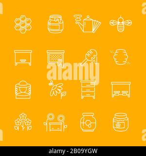 Honey apiary vector thin line icons set. Honeycomb and bee, beehive illustration Stock Vector