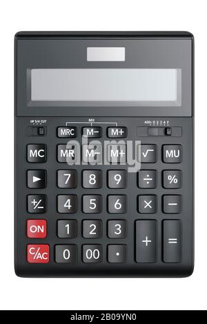 Top view on a big black accounting calculator with blank screen Isolated on a white background. Clipping path design element. Stock Photo