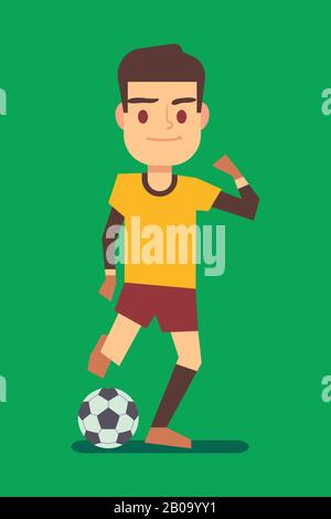 Soccer player kicking ball on green field vector illustration. Football player with ball Stock Vector