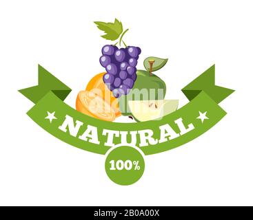 Natural fresh food, fruits logo badge vector template. Organic fruits label illustration Stock Vector