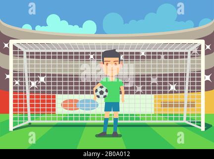 Soccer goalkeeper keeping goal on arena vector illustration. Football keeper in frame Stock Vector