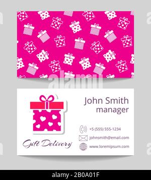 Gift delivery service business card template with color package for gift illustration Stock Vector