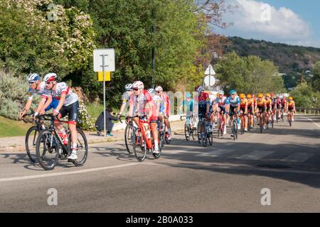 19th February 2020 - Cyclists taking part in stage 1 of the 46th Volta ao Algarve race,  Portimao - Lagos, Portugal Stock Photo