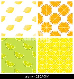 Citrus fruits bright vector seamless pattern. Set of color background with lemon and orange illustration Stock Vector