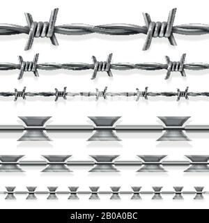 Safety steel barbed and razor wire vector seamless prison borders set. Barrier with steel barbed for security prison, illustration of prison fence Stock Vector