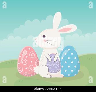happy easter sitting rabbit with eggs on grass celebration vector illustration Stock Vector