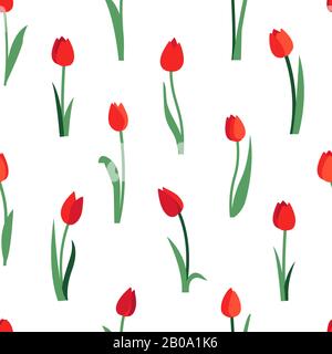 Floral seamless pattern with red tulip flowers and green leaves isolated on white background. Endless texture for spring or summer design. Bright Stock Vector