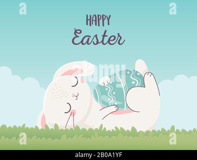 happy easter sleeping rabbit with egg on grass vector illustration Stock Vector
