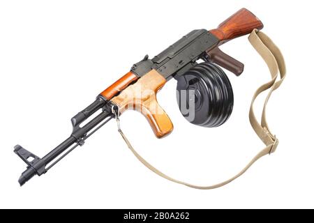 AK 47 assault rifle with 75 round drum magazine isolated on white ...