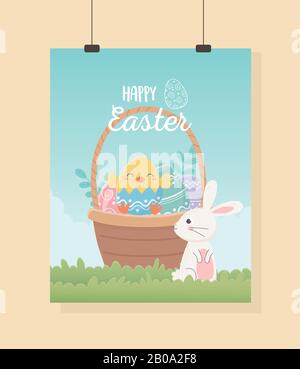 happy easter hanging card cute rabbit with basket filled eggs vector illustration Stock Vector