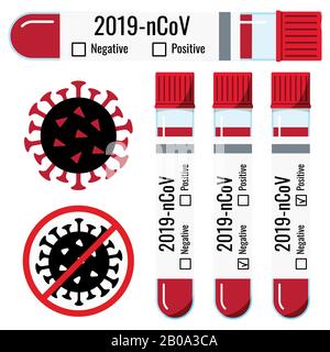 Coronavirus blood samples in plastic test tubes with cap vector icon set with sticker, sign isolated on white background. Flat design cartoon style me Stock Vector