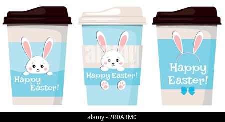 Happy Easter paper coffee or tea cups decorated cute white easter bunny rabbit illustration isolated on white background. Vector flat cartoon style se Stock Vector