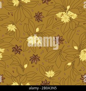 Star Anise Vector Line Seamless Pattern Design on Ochre. Illicium Anisatum Stock Vector