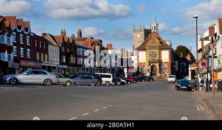 High Street Marlborough with old town hall ( centre ) and church, Wiltshire, England UK. Stock Photo