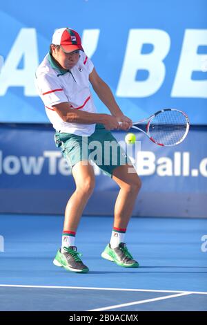 February 19, 2020, Delray Beach, Florida, United States: FEBRUARY 19 - Delray Beach: Brandon Nakashima(USA)in action here, defeats Cameron Norrie(GBR) during the second round at the 2020 Delray Beach Open by Vitacost.com in Delray Beach, Florida.(Photo credit: Andrew Patron/Zuma Press Newswire) (Credit Image: © Andrew Patron/ZUMA Wire) Stock Photo