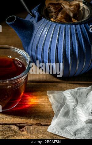 Brewed black tea in sachet bags. Stock Photo