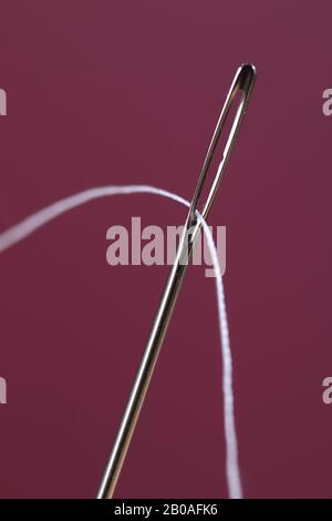 Close up macro studio shot of a threaded needle on a maroon background Stock Photo