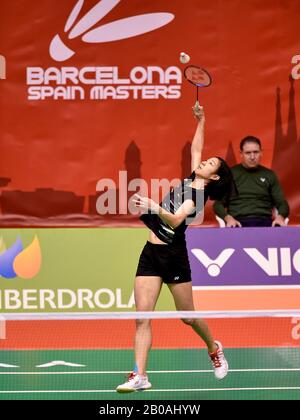 Saina Nehwal of India competes in the Women's Single qualification Round 1 match against Yvonne Li of Germany on day two of the Barcelona Spain Master at Vall d'Hebron Olympic Sports Centre on February 19, 2020 in Barcelona, Spain. (Photo by DAX/ESPA-Images) Stock Photo