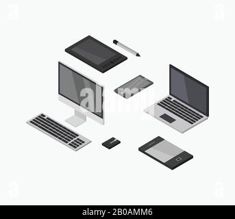 Isometric digital objects illustrated in vector on a white background Stock Vector