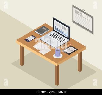 Isometric desk illustrated in vector on white background Stock Vector