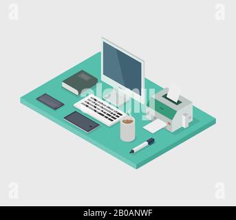 Isometric office desks illustrated in vector on white background Stock Vector