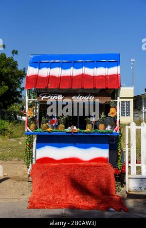 Puerto Plata, Dominican Republic - February 7, 2020:  Pina Colada stand in Central Park in Puerto Plata a site that attracts plenty of tourists. Stock Photo