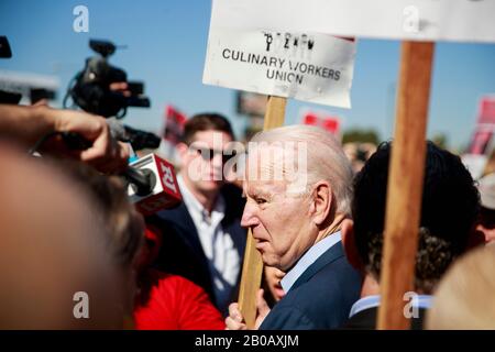 Las Vegas, United States. 19th Feb, 2020. Former Vice President and democratic presidential candidate hopeful Joe Biden campaigns on the picket line with members of the Culinary Workers Union Local 226 outside the Palms Casino in Las Vegas. Credit: SOPA Images Limited/Alamy Live News Stock Photo