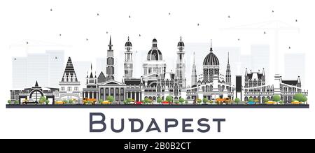 Budapest Hungary City Skyline with Gray Buildings Isolated on White. Vector Illustration. Business Travel and Tourism Concept. Stock Vector