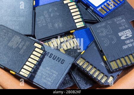 Pile of used SD memory cards Stock Photo