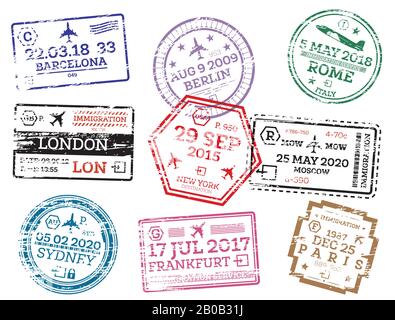 Collection of Passport Stamps Isolated on White. Vector Illustration. Set from Different Countries and Cities. London. New York. Moscow. Paris. Stock Vector