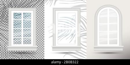 Three Closed Realistic Glass Windows with Shadows Overlay Effect. Vector Illustration. Design Element of Architecture. Leaves and Window Frames. Stock Vector