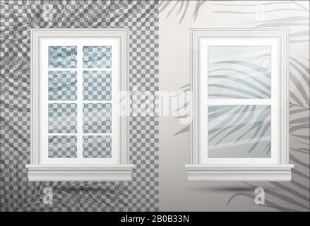 Two Closed Realistic Glass Windows with Shadows Overlay Effect. Vector Illustration. Design Element of Architecture. Leaves and Window Frames. Stock Vector