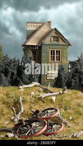 Deserted House with Bicycle on Lawn Stock Photo