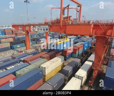 An aerial view of the Qingbaijiang Railway Port where freight trains ...