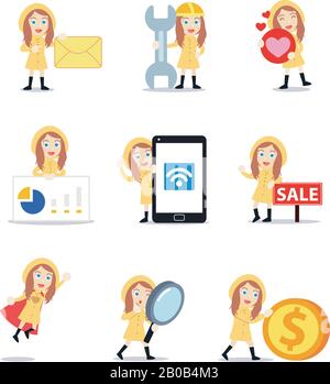 Set character of woman wearing raincoat in waterproof plastic. Stock Vector