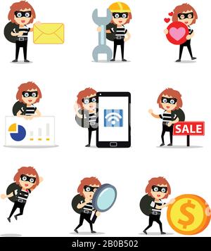 Set character of female robber try to steal money on a bank. Stock Vector