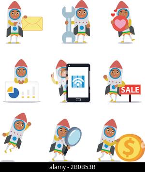 Set character of man wearing unique rocket costume. Stock Vector