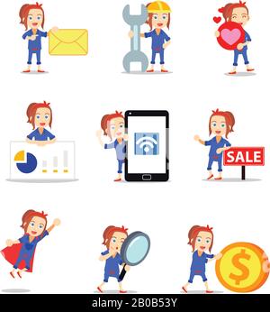 Set character of woman as an expert mechanic in installing the riveter. Stock Vector