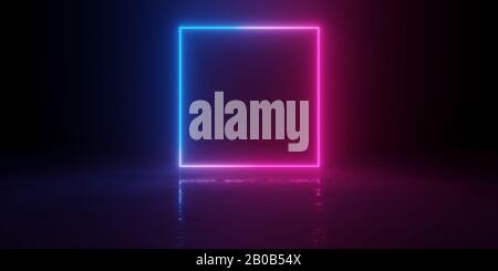Abstract blue and red glowing neon light square in empty concrete room with shiny reflective floor - 3D illustration