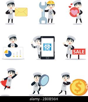 Set character of man in funny powder salt character promoting new menu in his cafe. Stock Vector