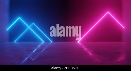 Abstract blue and red glowing neon light triangles in empty concrete room with shiny reflective floor - 3D illustration Stock Photo