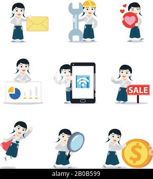 Set character of female samurai warrior in a fight using a deadly sword. Stock Vector
