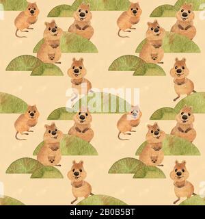 Seamless pattern cute hand drawn watercolor smiling australian quokka Stock Photo