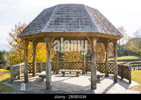 Osaka, Japan - December 12 2020 : Wooden pavilion in Tsurumi Ryokuchi Park Stock Photo