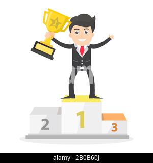 Successful businessman lift the trophy to victory on the podium vector illustration flat design Stock Photo