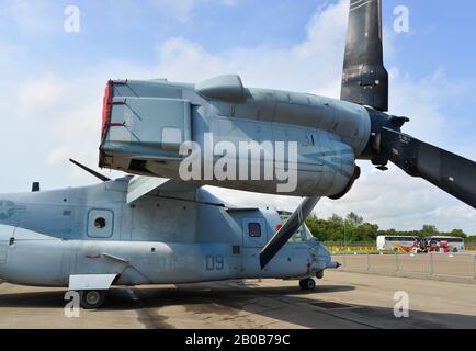 Singapore - Feb 12, 2020. Bell Boeing V-22 Osprey of US Marine Corps for display in Changi, Singapore. Defense costs are increasing, especially in Eas Stock Photo