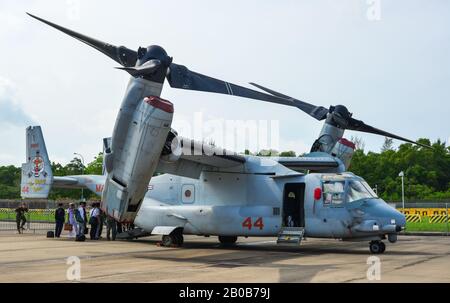 Singapore - Feb 12, 2020. Bell Boeing V-22 Osprey of US Marine Corps for display in Changi, Singapore. Defense costs are increasing, especially in Eas Stock Photo