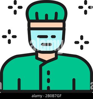 Doctor in medical uniform, surgeon in mask flat color line icon. Stock Vector