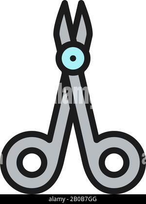 Surgical scissors, medical clamp, instruments for surgery flat color line icon. Stock Vector