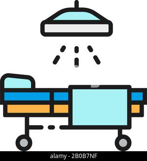 Operating table, hospital bed with medical equipments color line icon. Stock Vector